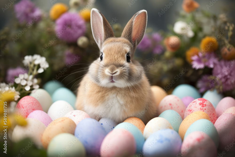 Easter bunny on a meadow with easter eggs and flowers created with AI Easter bunny on a meadow with easter eggs and flowers created with AI