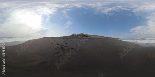 vr 360 sandy beach near ocean with big waves in tropical resort. aerial view seascape, ocean and beautiful beach. Travel concept. Indonesia, jawa