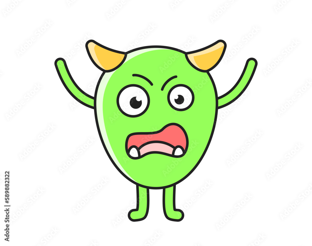 Cute monster icon. Green mutant or demon. Creature with horns, sharp fangs and evil expression. Scary funny character. Cartoon flat vector illustration isolated on white background Cute monster icon. Green mutant or demon. Creature with horns, sharp fangs and evil expression. Scary funny character. Cartoon flat vector illustration isolated on white background