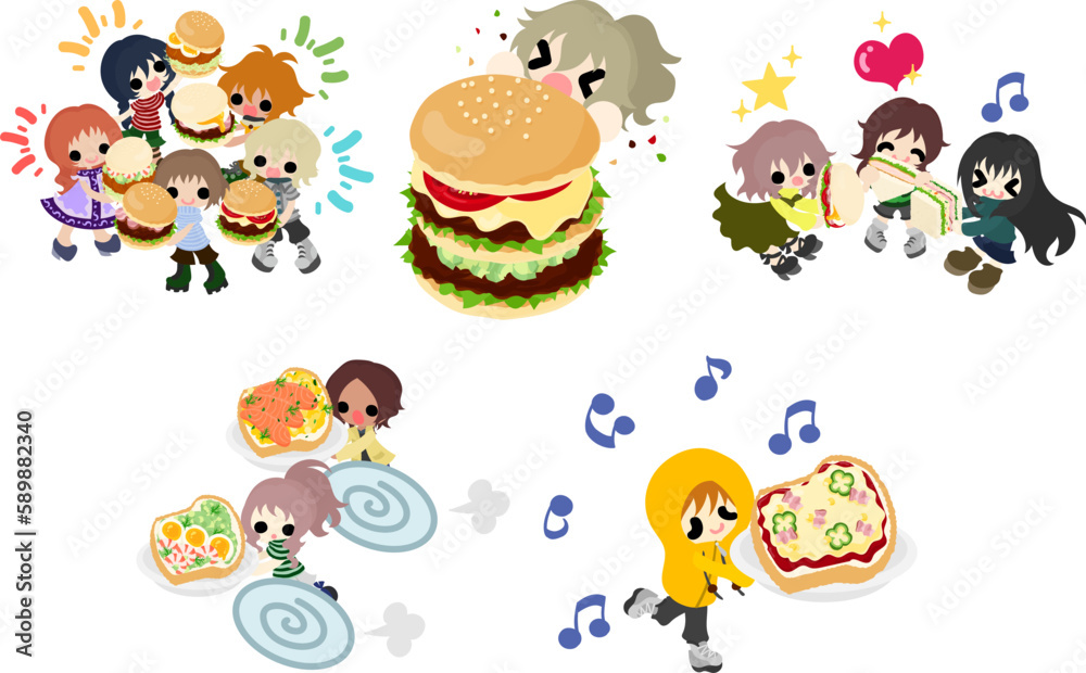 ハンバーガーやサンドイッチなどの美味しい食べ物を通した交流を楽しむ子供たちのイラスト