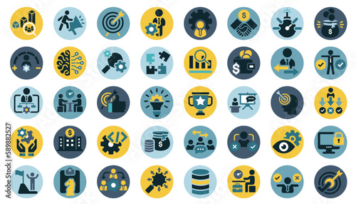 Business, data analysis, organization management and technology icon set. Teamwork, strategy, planning, marketing, cloud technology, data analysis, employee icon set. Icons vector collection