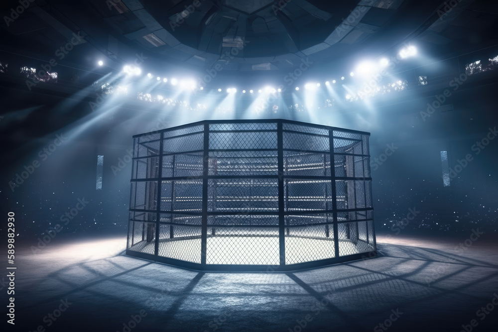 Cage fight arena with entry doorway. Interior view of fighting arena ...