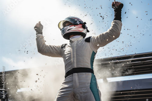 Driver celebrating on the podium after a hard-fought victory created with AI
