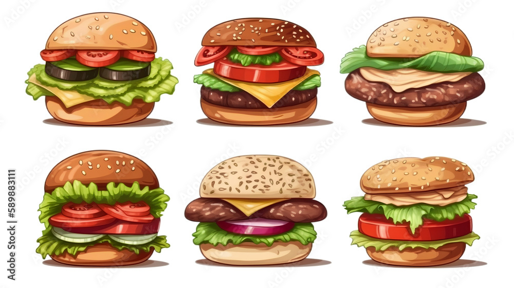 Hamburger illustration Set Isolated on White Background, Image Ai Generated Hamburger illustration Set Isolated on White Background, Image Ai Generated