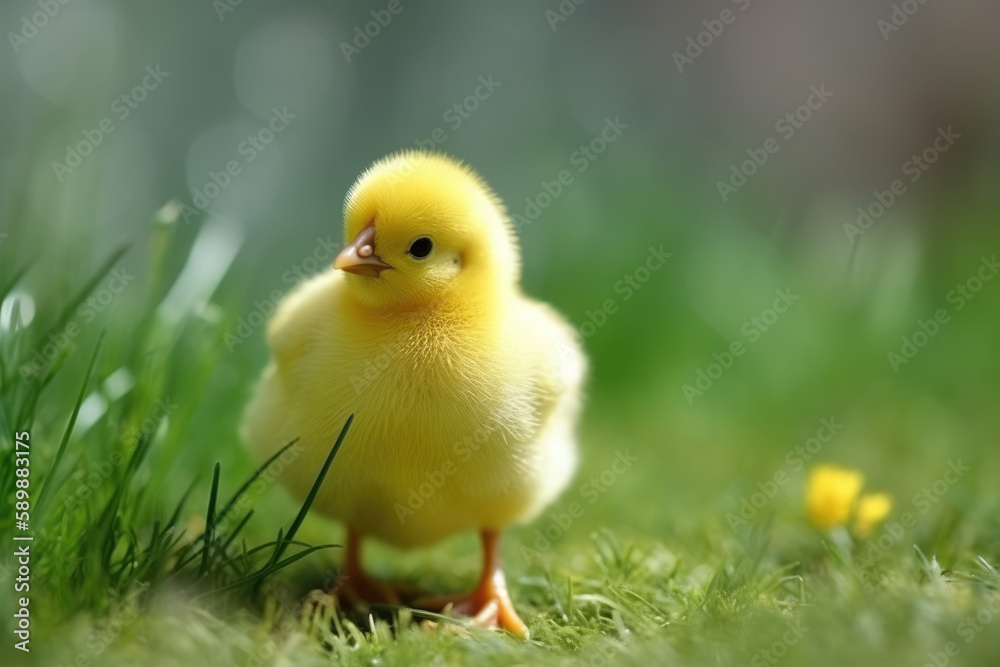Yellow very cute easter chicken standing on spring grass