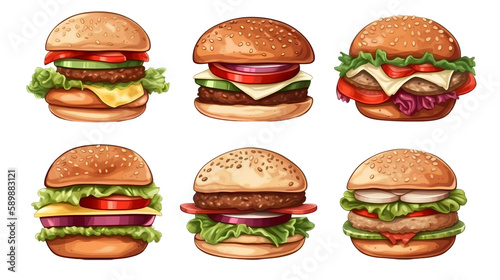 Hamburger illustration Set Isolated on White Background, Image Ai Generated