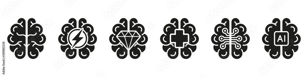Human Brain AI Concept Black Silhouette Icon Set. Human Mind, Brainstorm, Stress Solid Symbol on White Background. Artificial Intelligence Glyph Sign. Isolated Vector Illustration Human Brain AI Concept Black Silhouette Icon Set. Human Mind, Brainstorm, Stress Solid Symbol on White Background. Artificial Intelligence Glyph Sign. Isolated Vector Illustration