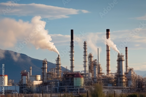 Industrial complex and oil refinery with smokestacks