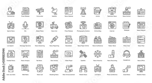 News Thin Line Icons Newspaper Article Reporter Icon Set in Outline Style 50 Icons in Black