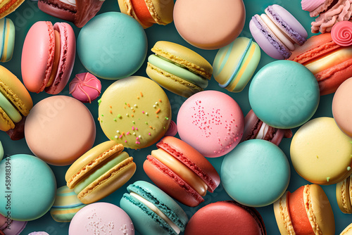 Delicious, sweet tasty dessert. Pastel colorful macaroons, treat and dessert. Small cookies that bring happiness. Illustration, Generative AI.