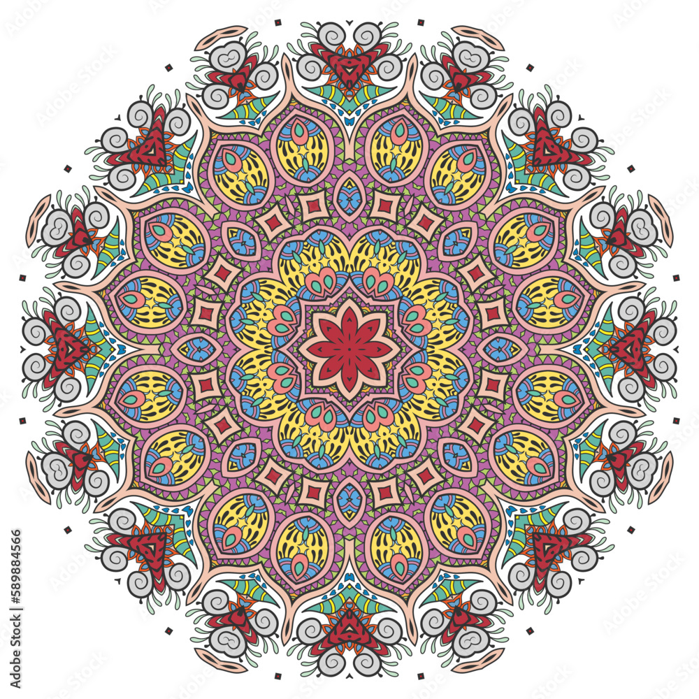 Mandala flower decoration, hand drawn round ornament, isolated design element on a white background. Vector geometric floral pattern. Tribal ethnic fashion motif for paper, textile, cloth fabric print