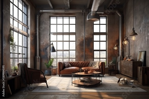 Living room loft in industrial style | living room and decorating ideas with modern mid county furniture | Minimalist industrial loft conversion living room , Generative AI photo