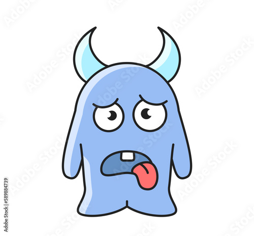 Cute monster icon. Sad blue mutant with protruding tongue and sharp horns. Alien creature in kawaii style. Scary funny character. Cartoon flat vector illustration isolated on white background