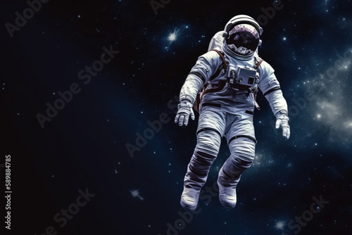 Alone levitating astronaut in starry deep space