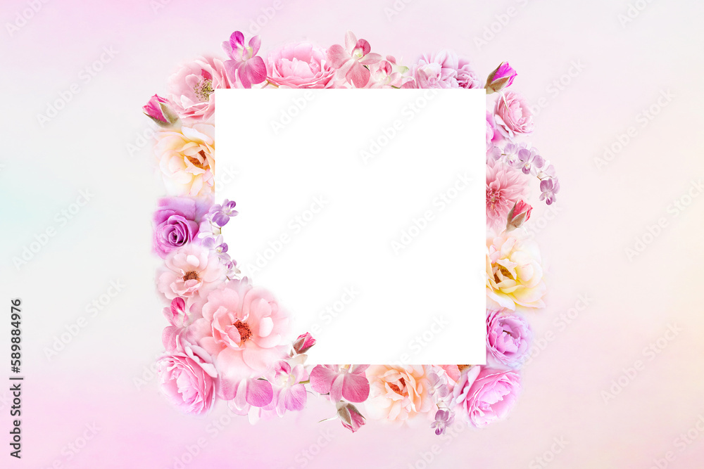 beautiful pink roses flower frame with square white blank paper for invitation wedding, valentine card