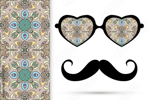 Retro hipster ornate sunglasses, mustaches with seamless hand drawn pattern. Isolated elements for textile fabric or paper print, invitation, business card design. Heart shape glasses, doodle eyewear
