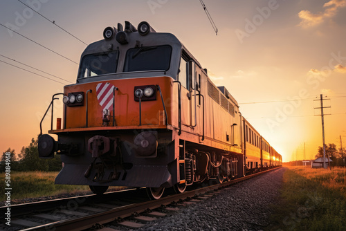 Power efficient locomotive at front view in the railway at sunset light