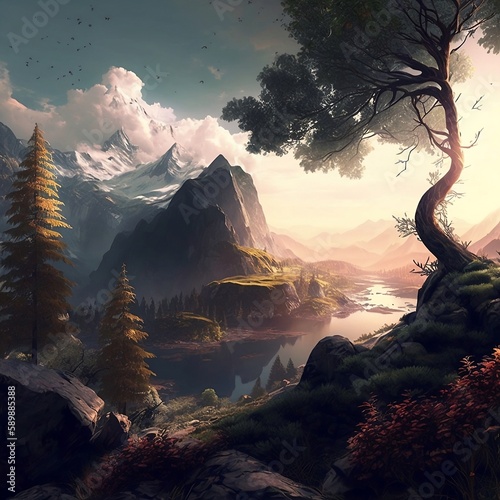 Natural sunset in the mountains, sunset over the river in nature, sunset, eco friendly, National park, grand view, breath taking view, breathtaking view, walk in the park, Created using generative AI 