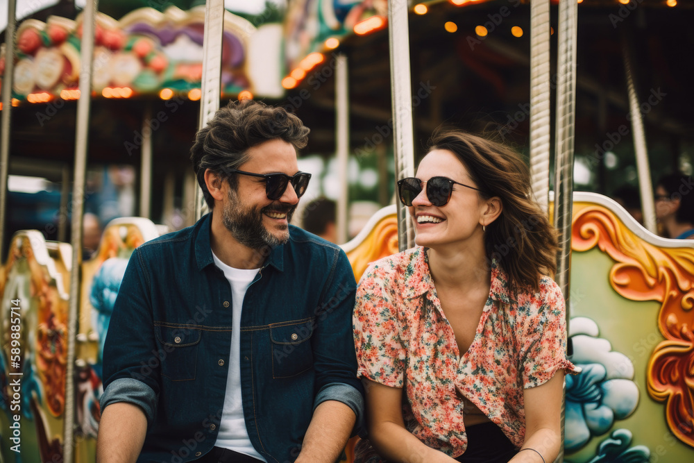 Couple on a date in amusement park Couple on a date in amusement park