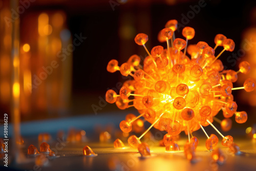 Maquette d'un atome avec noyau et électrons, prise de vue macro en gros plan détaillée de la structure