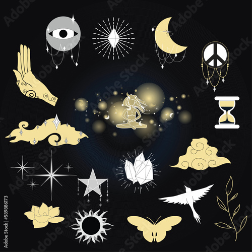 Vector collections of art mystic included eyes, tattoo etc. Set of providence sight witchcraft symbol. Eye amulet geometric ornament.  mystical bundle  icons. Simple Minimalism. vintage elements