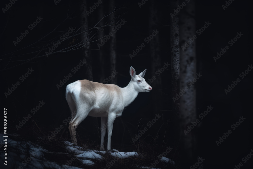 Fototapeta premium White deer in dark forest at night