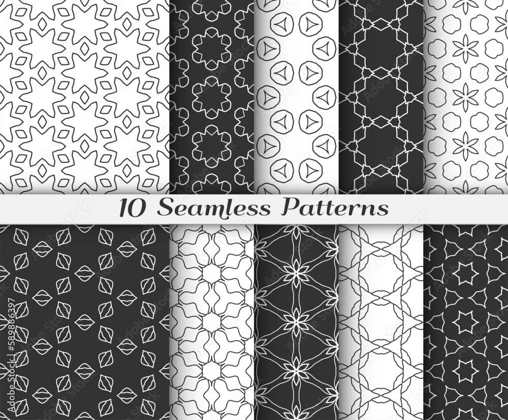 Seamless pattern set in arabic style. Stylish black and white graphic, geometric linear background. Line art texture for wallpaper, card, invitation, banner, fabric print. Ethnic ornament Seamless pattern set in arabic style. Stylish black and white graphic, geometric linear background. Line art texture for wallpaper, card, invitation, banner, fabric print. Ethnic ornament