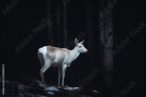 White deer in dark forest at night