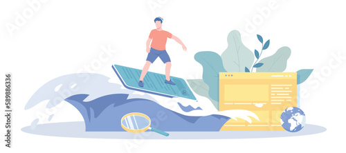 Internet Surfing, Social Networks, Web Browsing. The guy looking for information on search bar using smartphone. Vector illustration with character situation for web.
