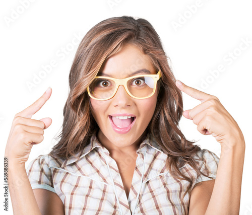 Funny woman wearing glasses. Happy surprised girl pointing her eyewear
