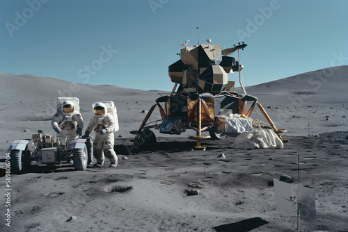 Group of astronauts performing scientific experiments or conducting repairs outside their lunar lander created with AI photo