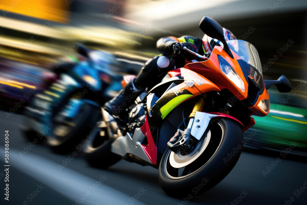 Motorcycle race with blurred motion and bright colors created with AI