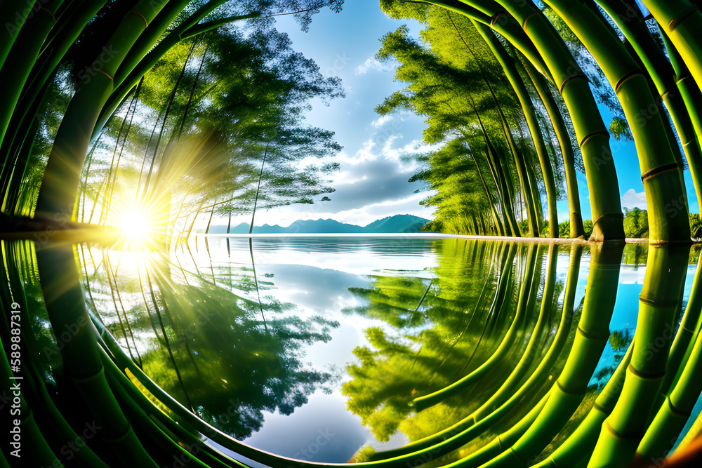 Reflet dans l'eau d'une forêt de bambou ensoleillée,atmosphère zen,IA générative. - obrazy, fototapety, plakaty 