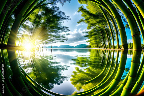 Reflet dans l'eau d'une forêt de bambou ensoleillée,atmosphère zen,IA générative. photo