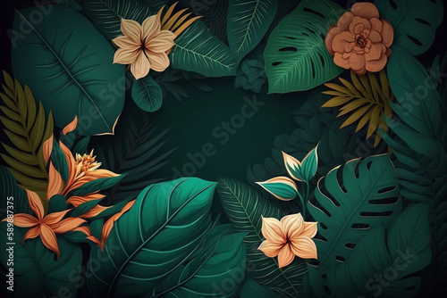 Lush Tropical Floral Leaves with Copy Space generative ai