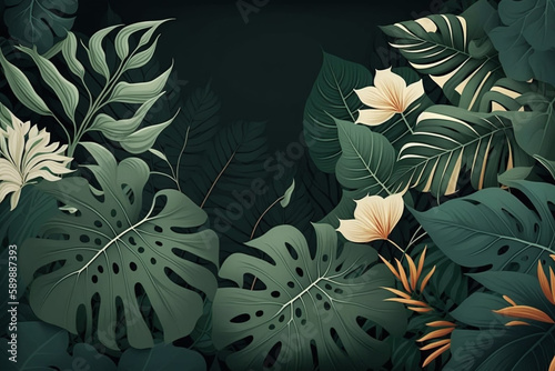 Lush Tropical Floral Leaves with Copy Space generative ai
