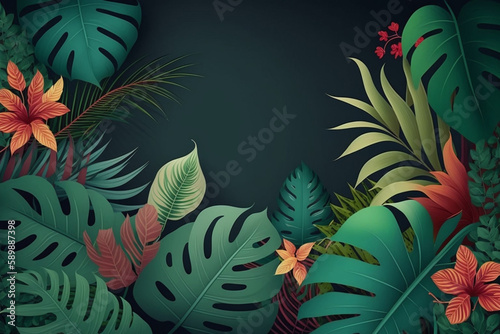 Lush Tropical Floral Leaves with Copy Space generative ai