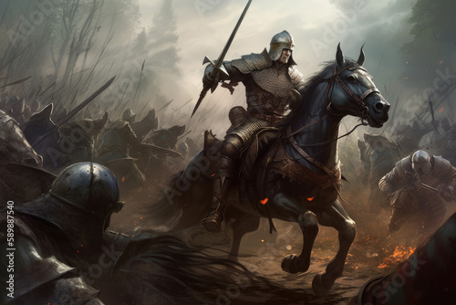Knight in full armor charging towards a group of enemy soldiers on horseback created with AI