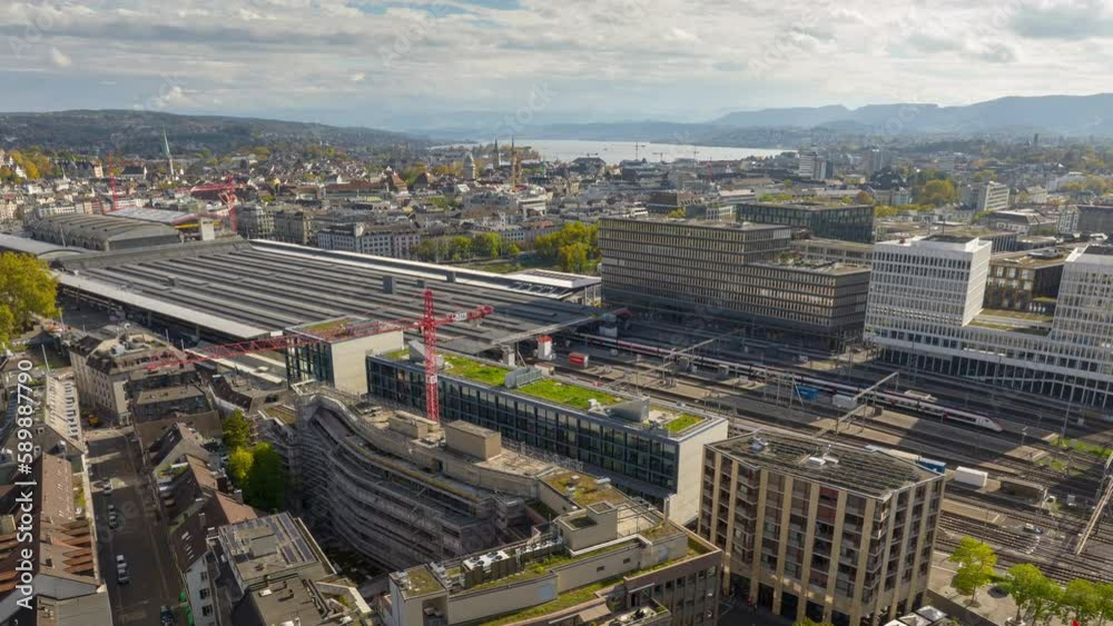 sunny day zurich city main train station railways platform aerial panorama 4k timelapse switzerland sunny day zurich city main train station railways platform aerial panorama 4k timelapse switzerland