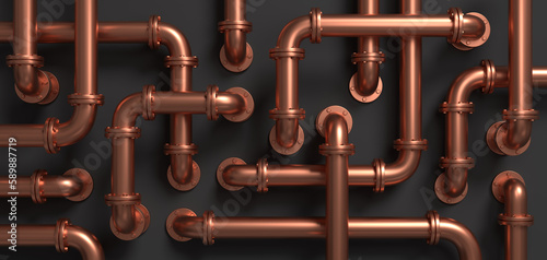 Fototapeta Naklejka Na Ścianę i Meble -  Copper pipe maze on a black wall. Steampunk style background. 3D rendered image.