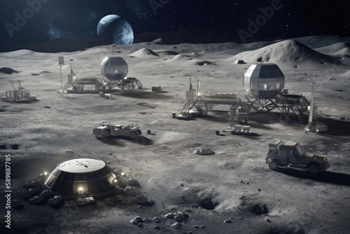 Foto Lunar base or colony with various habitats, research facilities, and vehicles cr