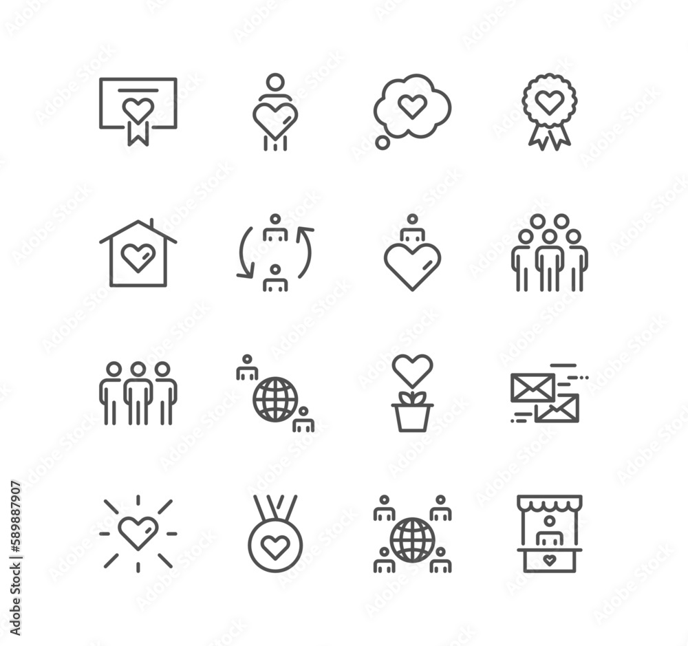 Set of volunteering icons, donations, teamwork, participation, welfare and linear variety vectors.