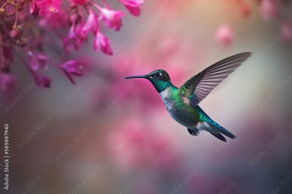 Fototapeta premium Hummingbird at flight with colorful iridescent plumage and blurred blossoms on background