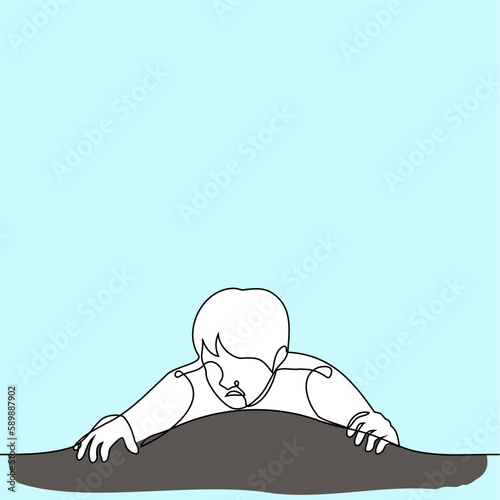 man trying to climb to the top or slide down - one line vector drawing. concept to climb or slide down