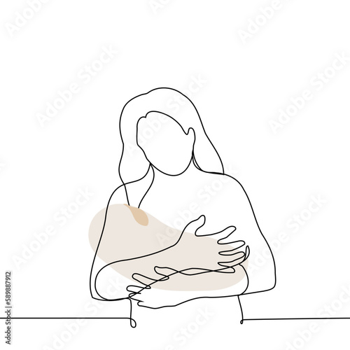 woman cuddles baby in swaddling clothes - one line vector drawing. concept newborn, motherhood, dream of motherhood