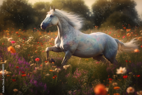 Magical unicorn galloping through a field of colorful flowers created with AI