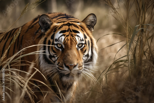 Majestic tiger stalking through tall grass created with AI © thejokercze