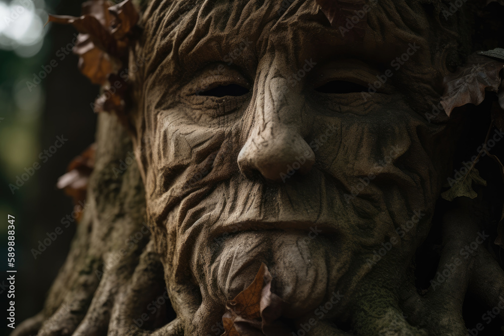 Face detail of ancient tree creature with roots and leaves growing from head Face detail of ancient tree creature with roots and leaves growing from head