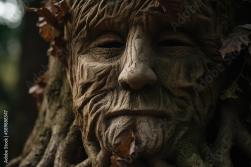 Face detail of ancient tree creature with roots and leaves growing from head © Kateryna