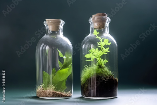 Two glass bottles with green ecosystem inside for research and study